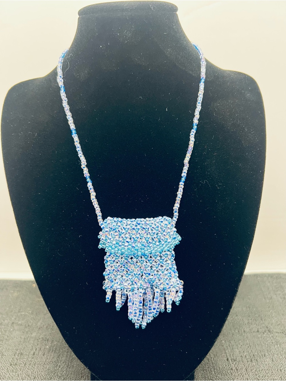 Blue Beaded Necklace Pouch Coin Purse Tassels Bag